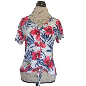 Free Kisses Womens Blouse Size Large Floral Ruched Front Drawstring Short Sleeve